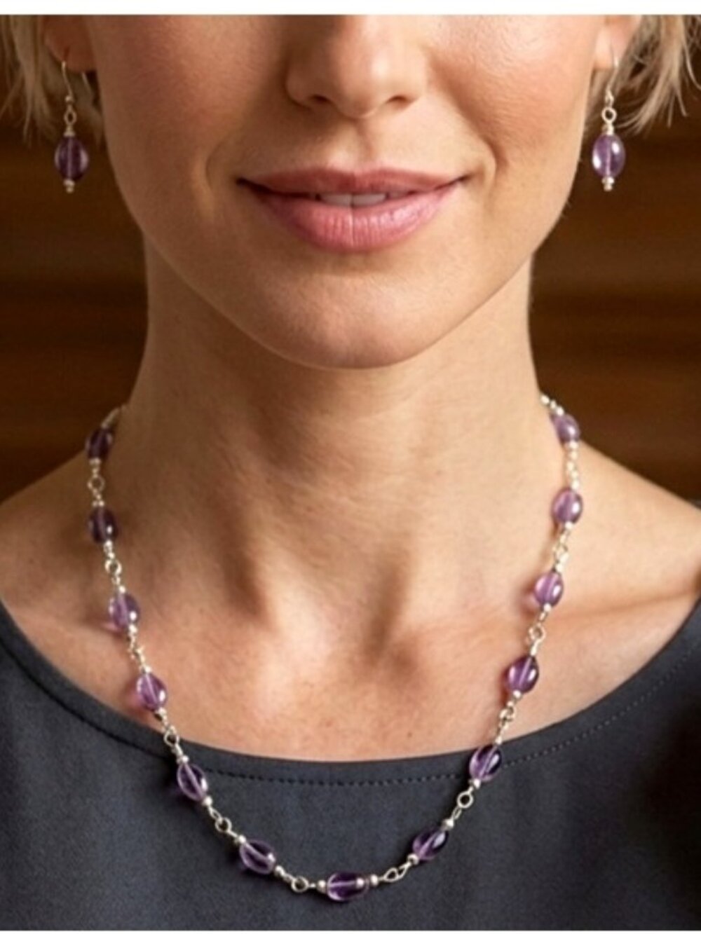 925 Sterling Silver & Amethyst Flat Beads Necklace Earrings Set Artisan Vintage